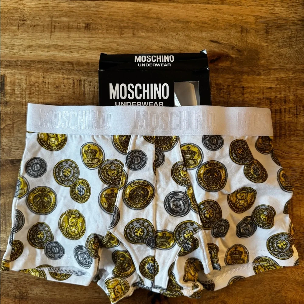 Moschino White and Gold Coin Print Boxer briefs trunks logo waistband men’s XS